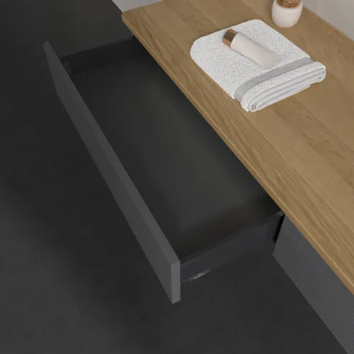 Bild von VILLEROY BOCH Antao Waschbeckenunterschrank, mit Beleuchtung, 2 Auszüge, 1600 x 190 x 500 mm, Front mit Struktur, Anthracite Matt Lacquer / Honey Oak #L16111GK
