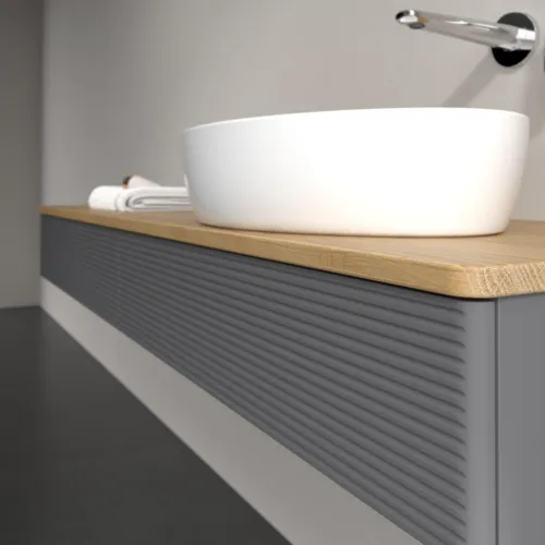 Bild von VILLEROY BOCH Antao Waschbeckenunterschrank, mit Beleuchtung, 2 Auszüge, 1600 x 190 x 500 mm, Front mit Struktur, Anthracite Matt Lacquer / Honey Oak #L16111GK