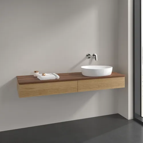 Obrázek VILLEROY BOCH Antao Vanity unit, with lighting, 2 pull-out compartments, 1600 x 190 x 500 mm, Front with grain texture, Honey Oak / Warm Walnut #L16112HN