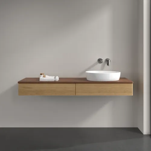 Obrázek VILLEROY BOCH Antao Vanity unit, with lighting, 2 pull-out compartments, 1600 x 190 x 500 mm, Front with grain texture, Honey Oak / Warm Walnut #L16112HN