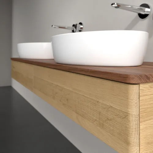 Picture of VILLEROY BOCH Antao Vanity unit, with lighting, 2 pull-out compartments, 1600 x 190 x 500 mm, Front without structure, Honey Oak / Warm Walnut #L17012HN