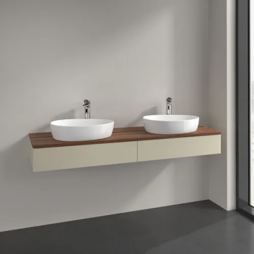 Picture of VILLEROY BOCH Antao Vanity unit, with lighting, 2 pull-out compartments, 1600 x 190 x 500 mm, Front without structure, Silk Grey Matt Lacquer / Warm Walnut #L17052HJ