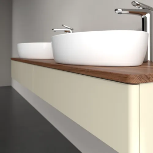 Picture of VILLEROY BOCH Antao Vanity unit, with lighting, 2 pull-out compartments, 1600 x 190 x 500 mm, Front without structure, Silk Grey Matt Lacquer / Warm Walnut #L17052HJ