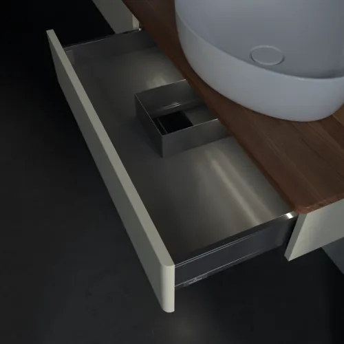 Picture of VILLEROY BOCH Antao Vanity unit, with lighting, 2 pull-out compartments, 1600 x 190 x 500 mm, Front without structure, Silk Grey Matt Lacquer / Warm Walnut #L17052HJ
