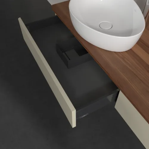 Picture of VILLEROY BOCH Antao Vanity unit, with lighting, 2 pull-out compartments, 1600 x 190 x 500 mm, Front without structure, Silk Grey Matt Lacquer / Warm Walnut #L17052HJ