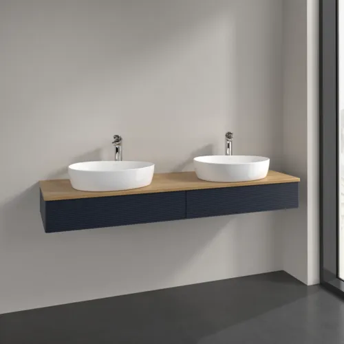 Obrázek VILLEROY BOCH Antao Vanity unit, with lighting, 2 pull-out compartments, 1600 x 190 x 500 mm, Front with grain texture, Midnight Blue Matt Lacquer / Honey Oak #L17151HG
