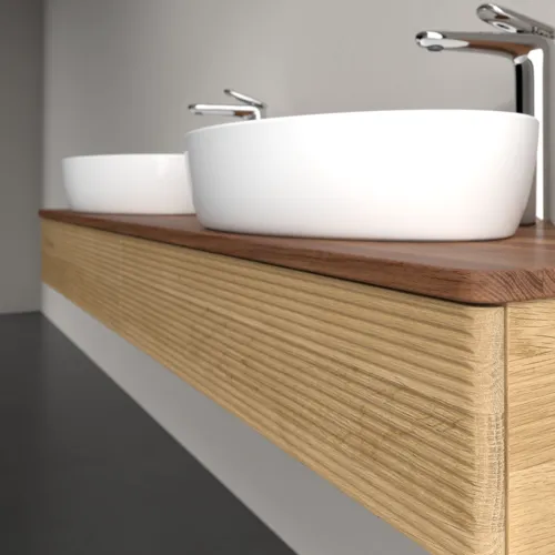 Bild von VILLEROY BOCH Antao Waschbeckenunterschrank, mit Beleuchtung, 2 Auszüge, 1600 x 190 x 500 mm, Front mit Struktur, Honey Oak / Warm Walnut #L17152HN
