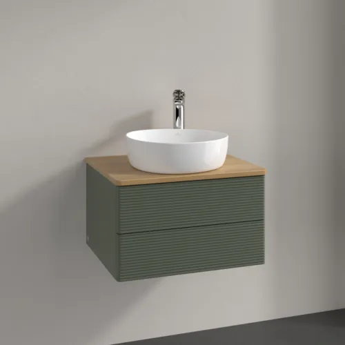 Bild von VILLEROY BOCH Antao Waschbeckenunterschrank, mit Beleuchtung, 2 Auszüge, 600 x 360 x 500 mm, Front mit Struktur, Leaf Green Matt Lacquer / Honey Oak #L18151HL