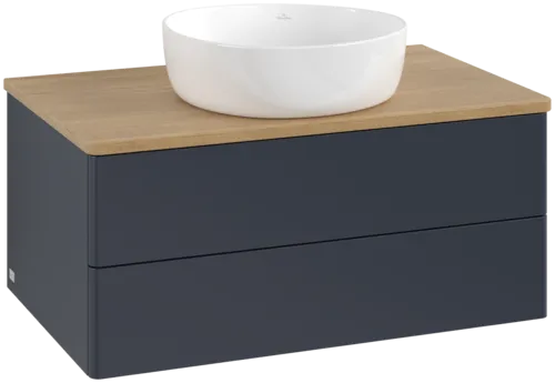 Bild von VILLEROY BOCH Antao Waschbeckenunterschrank, mit Beleuchtung, 2 Auszüge, 800 x 360 x 500 mm, Front ohne Struktur, Midnight Blue Matt Lacquer / Honey Oak #L19011HG