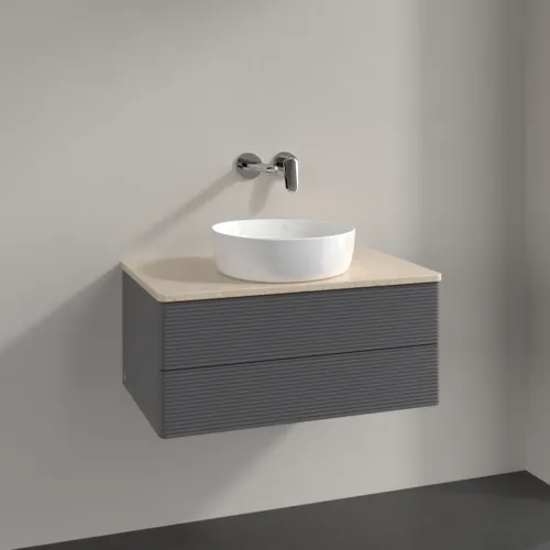 Obrázek VILLEROY BOCH Antao Vanity unit, with lighting, 2 pull-out compartments, 800 x 360 x 500 mm, Front with grain texture, Anthracite Matt Lacquer / Botticino #L19113GK