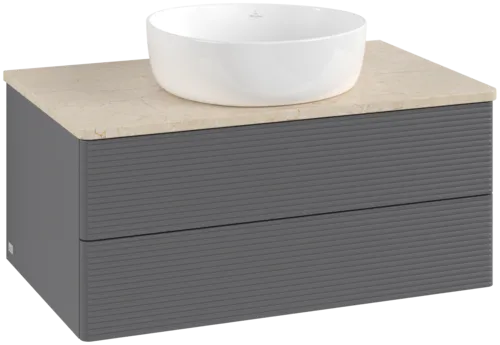 Bild von VILLEROY BOCH Antao Waschbeckenunterschrank, mit Beleuchtung, 2 Auszüge, 800 x 360 x 500 mm, Front mit Struktur, Anthracite Matt Lacquer / Botticino #L19113GK