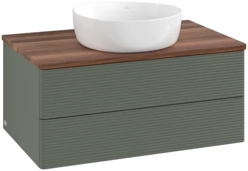 Bild von VILLEROY BOCH Antao Waschbeckenunterschrank, mit Beleuchtung, 2 Auszüge, 800 x 360 x 500 mm, Front mit Struktur, Leaf Green Matt Lacquer / Warm Walnut #L19112HL
