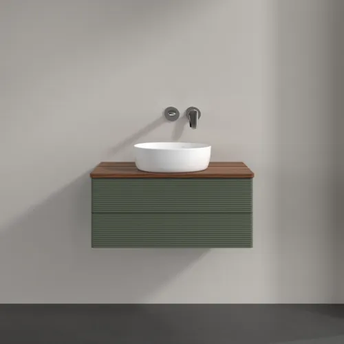 Bild von VILLEROY BOCH Antao Waschbeckenunterschrank, mit Beleuchtung, 2 Auszüge, 800 x 360 x 500 mm, Front mit Struktur, Leaf Green Matt Lacquer / Warm Walnut #L19112HL