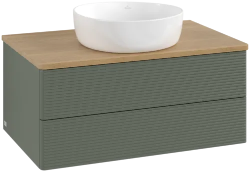 Bild von VILLEROY BOCH Antao Waschbeckenunterschrank, mit Beleuchtung, 2 Auszüge, 800 x 360 x 500 mm, Front mit Struktur, Leaf Green Matt Lacquer / Honey Oak #L19111HL