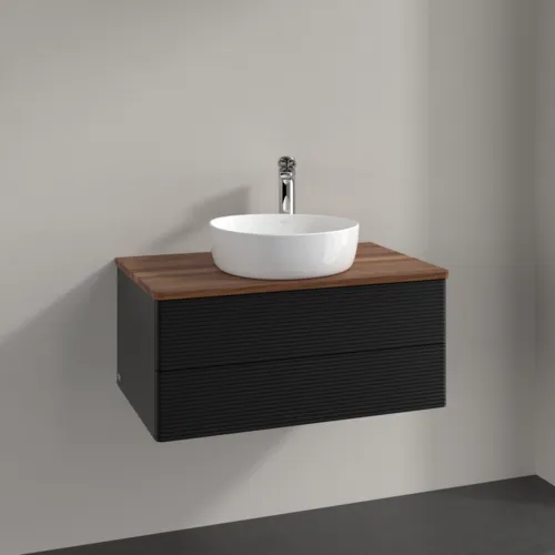Bild von VILLEROY BOCH Antao Waschbeckenunterschrank, mit Beleuchtung, 2 Auszüge, 800 x 360 x 500 mm, Front mit Struktur, Black Matt Lacquer / Warm Walnut #L19152PD