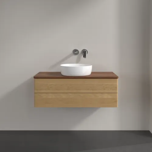 Bild von VILLEROY BOCH Antao Waschbeckenunterschrank, mit Beleuchtung, 2 Auszüge, 1000 x 360 x 500 mm, Front ohne Struktur, Honey Oak / Warm Walnut #L20012HN