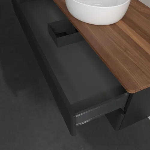 Bild von VILLEROY BOCH Antao Waschbeckenunterschrank, mit Beleuchtung, 2 Auszüge, 1200 x 360 x 500 mm, Front ohne Struktur, Black Matt Lacquer / Warm Walnut #L21012PD