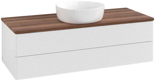 Bild von VILLEROY BOCH Antao Waschbeckenunterschrank, mit Beleuchtung, 2 Auszüge, 1200 x 360 x 500 mm, Front mit Struktur, Glossy White Lacquer / Warm Walnut #L21112GF