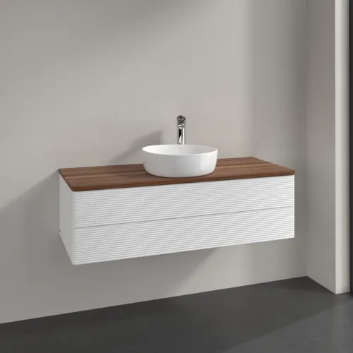 Bild von VILLEROY BOCH Antao Waschbeckenunterschrank, mit Beleuchtung, 2 Auszüge, 1200 x 360 x 500 mm, Front mit Struktur, White Matt Lacquer / Warm Walnut #L21152MT