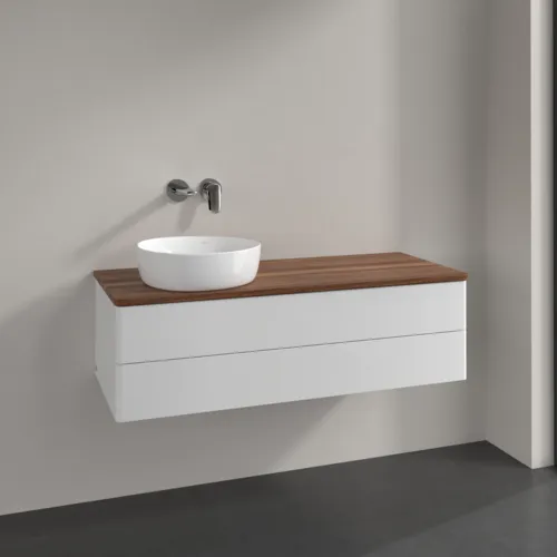 Bild von VILLEROY BOCH Antao Waschbeckenunterschrank, mit Beleuchtung, 2 Auszüge, 1200 x 360 x 500 mm, Front ohne Struktur, Glossy White Lacquer / Warm Walnut #L22012GF