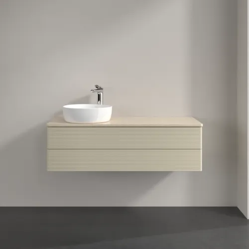 Picture of VILLEROY BOCH Antao Vanity unit, with lighting, 2 pull-out compartments, 1200 x 360 x 500 mm, Front with grain texture, Silk Grey Matt Lacquer / Botticino #L22153HJ