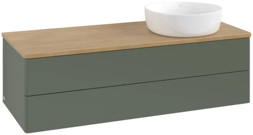 Bild von VILLEROY BOCH Antao Waschbeckenunterschrank, mit Beleuchtung, 2 Auszüge, 1200 x 360 x 500 mm, Front ohne Struktur, Leaf Green Matt Lacquer / Honey Oak #L23011HL
