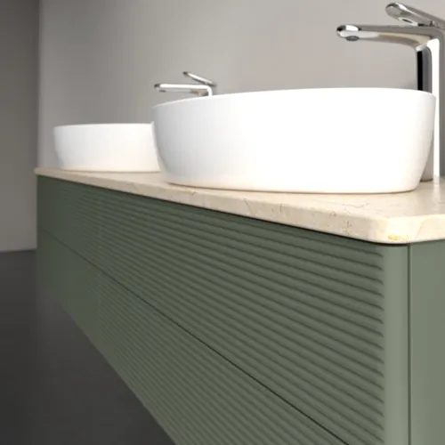 Bild von VILLEROY BOCH Antao Waschbeckenunterschrank, mit Beleuchtung, 4 Auszüge, 1600 x 360 x 500 mm, Front mit Struktur, Leaf Green Matt Lacquer / Botticino #L28153HL