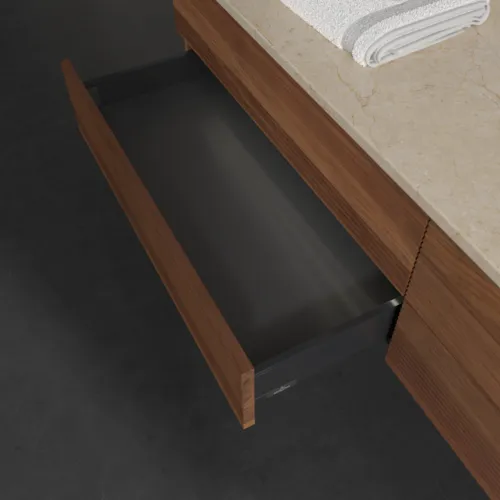 Obrázek VILLEROY BOCH Antao Vanity unit, with lighting, 4 pull-out compartments, 1600 x 360 x 500 mm, Front with grain texture, Warm Walnut / Botticino #L27153HM