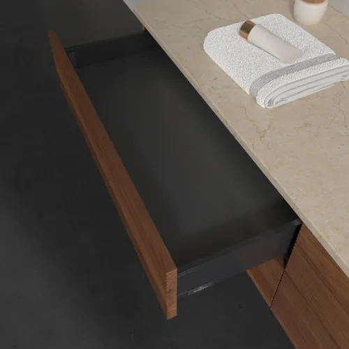 Obrázek VILLEROY BOCH Antao Vanity unit, with lighting, 4 pull-out compartments, 1600 x 360 x 500 mm, Front with grain texture, Warm Walnut / Botticino #L27153HM