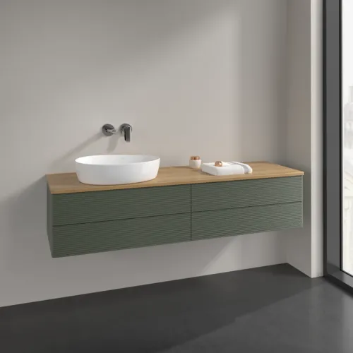 Bild von VILLEROY BOCH Antao Waschbeckenunterschrank, mit Beleuchtung, 4 Auszüge, 1600 x 360 x 500 mm, Front mit Struktur, Leaf Green Matt Lacquer / Honey Oak #L26111HL