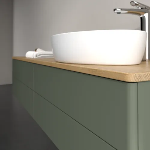 Obrázek VILLEROY BOCH Antao Vanity unit, with lighting, 4 pull-out compartments, 1600 x 360 x 500 mm, Front without structure, Leaf Green Matt Lacquer / Honey Oak #L27051HL