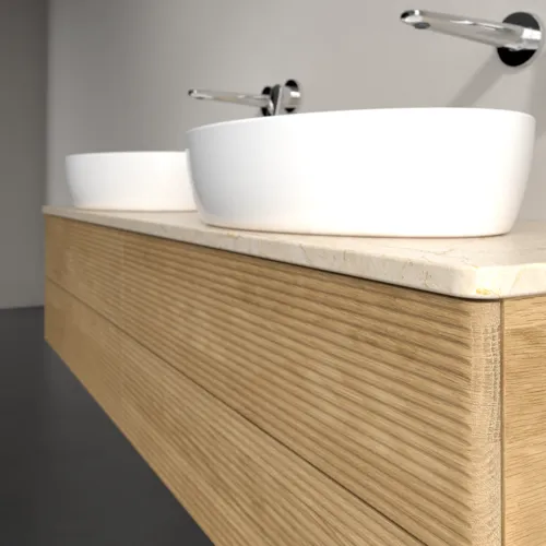 Obrázek VILLEROY BOCH Antao Vanity unit, with lighting, 4 pull-out compartments, 1600 x 360 x 500 mm, Front with grain texture, Honey Oak / Botticino #L28113HN