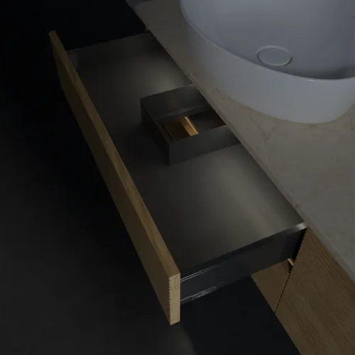 Obrázek VILLEROY BOCH Antao Vanity unit, with lighting, 4 pull-out compartments, 1600 x 360 x 500 mm, Front with grain texture, Honey Oak / Botticino #L28113HN