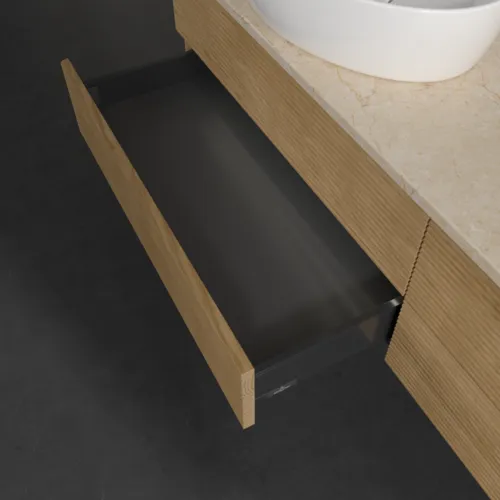 Obrázek VILLEROY BOCH Antao Vanity unit, with lighting, 4 pull-out compartments, 1600 x 360 x 500 mm, Front with grain texture, Honey Oak / Botticino #L28113HN