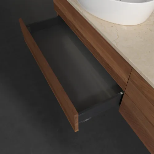 Obrázek VILLEROY BOCH Antao Vanity unit, with lighting, 4 pull-out compartments, 1600 x 360 x 500 mm, Front with grain texture, Warm Walnut / Botticino #L26153HM