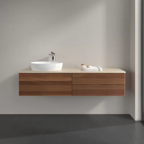 Obrázek VILLEROY BOCH Antao Vanity unit, with lighting, 4 pull-out compartments, 1600 x 360 x 500 mm, Front with grain texture, Warm Walnut / Botticino #L26153HM