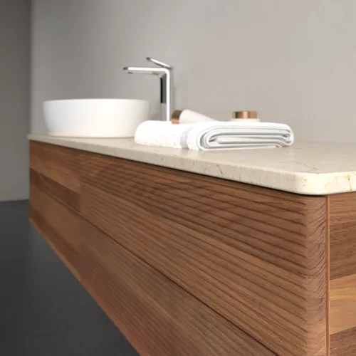 Obrázek VILLEROY BOCH Antao Vanity unit, with lighting, 4 pull-out compartments, 1600 x 360 x 500 mm, Front with grain texture, Warm Walnut / Botticino #L26153HM