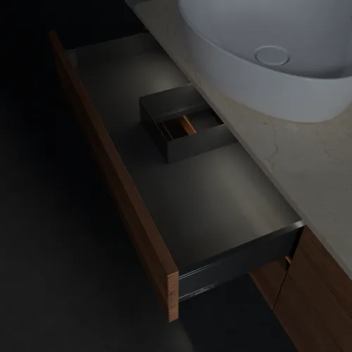 Obrázek VILLEROY BOCH Antao Vanity unit, with lighting, 4 pull-out compartments, 1600 x 360 x 500 mm, Front with grain texture, Warm Walnut / Botticino #L26153HM