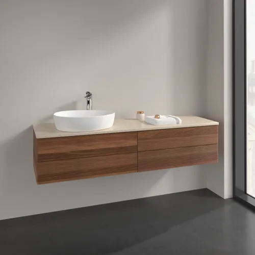Obrázek VILLEROY BOCH Antao Vanity unit, with lighting, 4 pull-out compartments, 1600 x 360 x 500 mm, Front with grain texture, Warm Walnut / Botticino #L26153HM