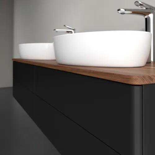 Bild von VILLEROY BOCH Antao Waschbeckenunterschrank, mit Beleuchtung, 4 Auszüge, 1600 x 360 x 500 mm, Front ohne Struktur, Black Matt Lacquer / Warm Walnut #L28052PD