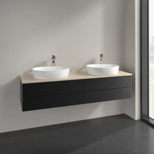 Bild von VILLEROY BOCH Antao Waschbeckenunterschrank, mit Beleuchtung, 4 Auszüge, 1600 x 360 x 500 mm, Front mit Struktur, Black Matt Lacquer / Botticino #L28153PD