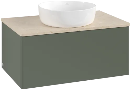 Bild von VILLEROY BOCH Antao Waschbeckenunterschrank, mit Beleuchtung, 1 Auszug, 800 x 360 x 500 mm, Front ohne Struktur, Leaf Green Matt Lacquer / Botticino #L30013HL