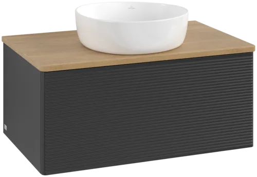 Picture of VILLEROY BOCH Antao Vanity unit, with lighting, 1 pull-out compartment, 800 x 360 x 500 mm, Front with grain texture, Black Matt Lacquer / Honey Oak #L30111PD