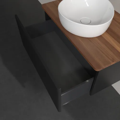 Bild von VILLEROY BOCH Antao Waschbeckenunterschrank, mit Beleuchtung, 1 Auszug, 800 x 360 x 500 mm, Front mit Struktur, Black Matt Lacquer / Warm Walnut #L30112PD
