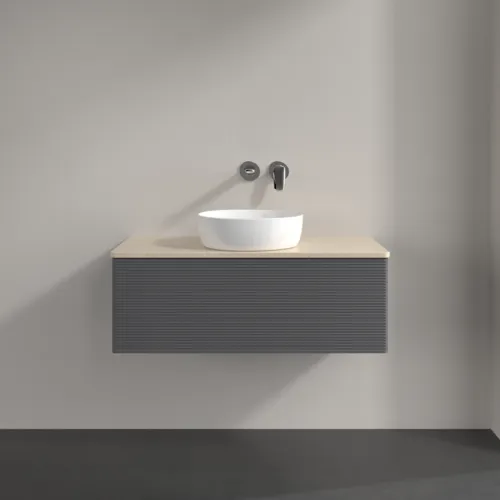Picture of VILLEROY BOCH Antao Vanity unit, with lighting, 1 pull-out compartment, 1000 x 360 x 500 mm, Front with grain texture, Anthracite Matt Lacquer / Botticino #L31113GK