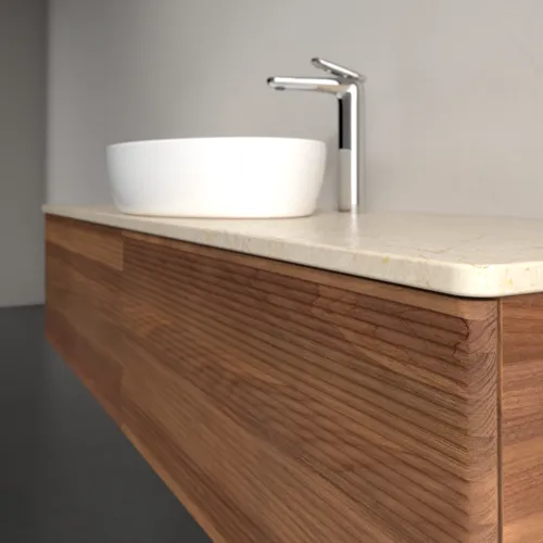Bild von VILLEROY BOCH Antao Waschbeckenunterschrank, mit Beleuchtung, 2 Auszüge, 1600 x 360 x 500 mm, Front mit Struktur, Warm Walnut / Botticino #L36153HM