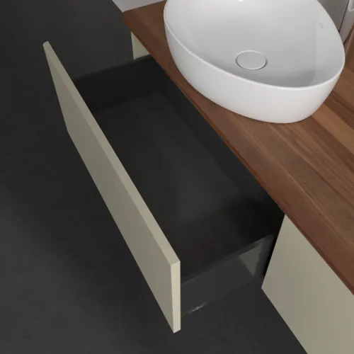 Picture of VILLEROY BOCH Antao Vanity unit, with lighting, 2 pull-out compartments, 1600 x 360 x 500 mm, Front without structure, Silk Grey Matt Lacquer / Warm Walnut #L37052HJ