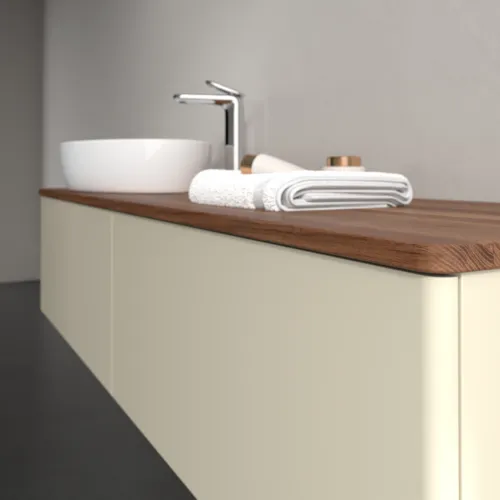 Picture of VILLEROY BOCH Antao Vanity unit, with lighting, 2 pull-out compartments, 1600 x 360 x 500 mm, Front without structure, Silk Grey Matt Lacquer / Warm Walnut #L37052HJ