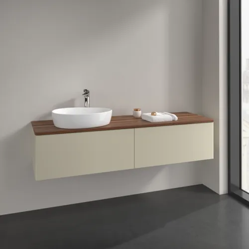 Picture of VILLEROY BOCH Antao Vanity unit, with lighting, 2 pull-out compartments, 1600 x 360 x 500 mm, Front without structure, Silk Grey Matt Lacquer / Warm Walnut #L37052HJ