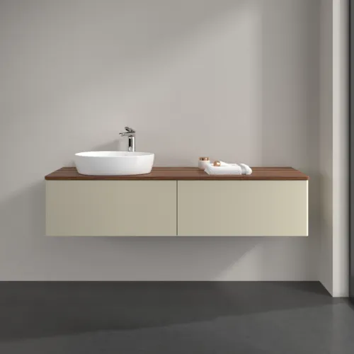 Picture of VILLEROY BOCH Antao Vanity unit, with lighting, 2 pull-out compartments, 1600 x 360 x 500 mm, Front without structure, Silk Grey Matt Lacquer / Warm Walnut #L37052HJ